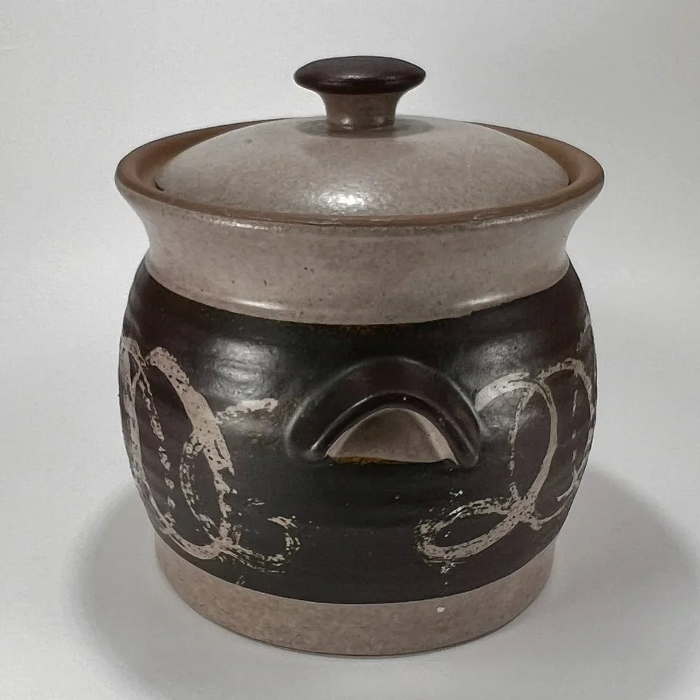 Vtg Studio Pottery Dish Pot Crock Stoneware Handles Lidded Earth Tones Rustic